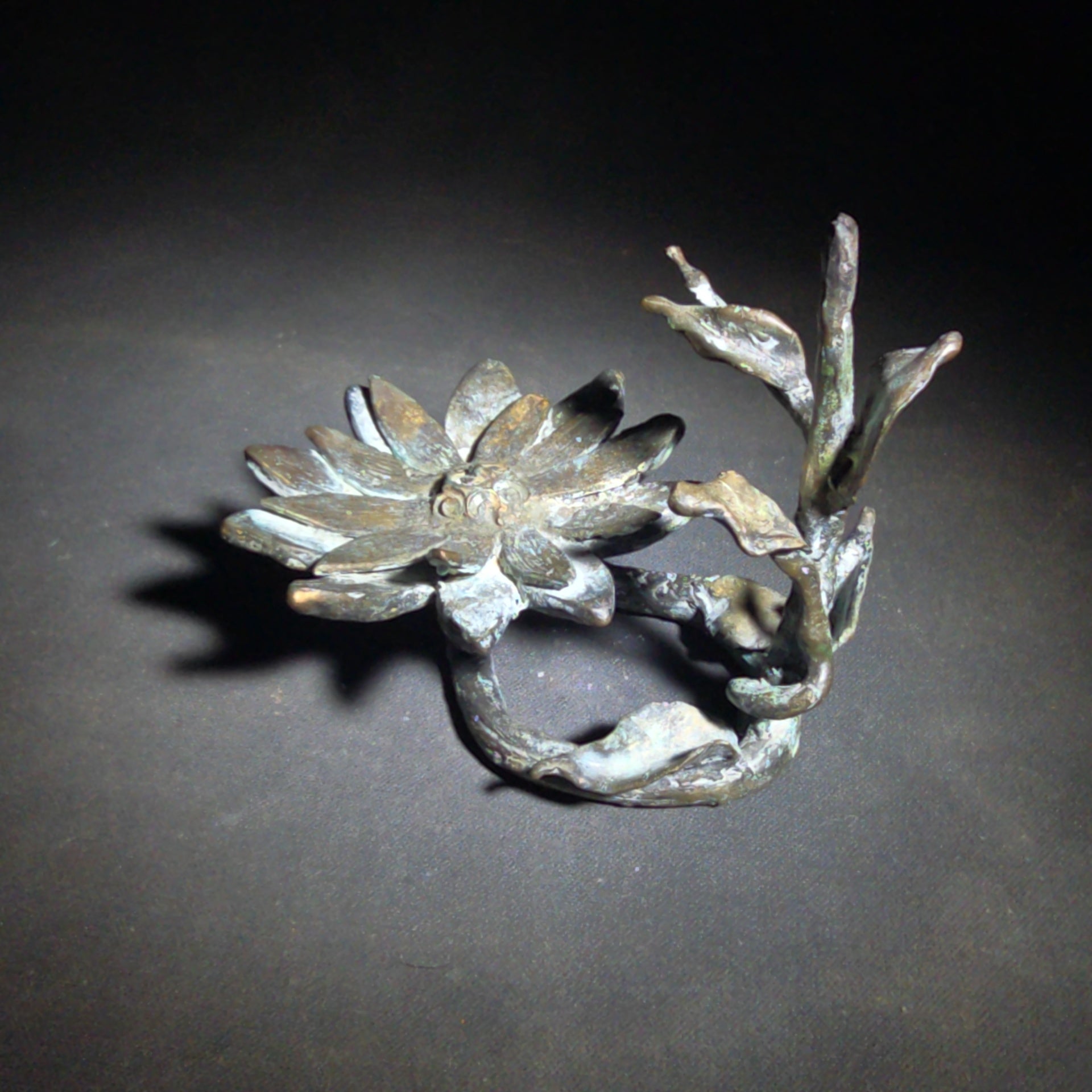 Vintage Bronze Floral Sculpture Stand with Open Bloom and Leafy Branch