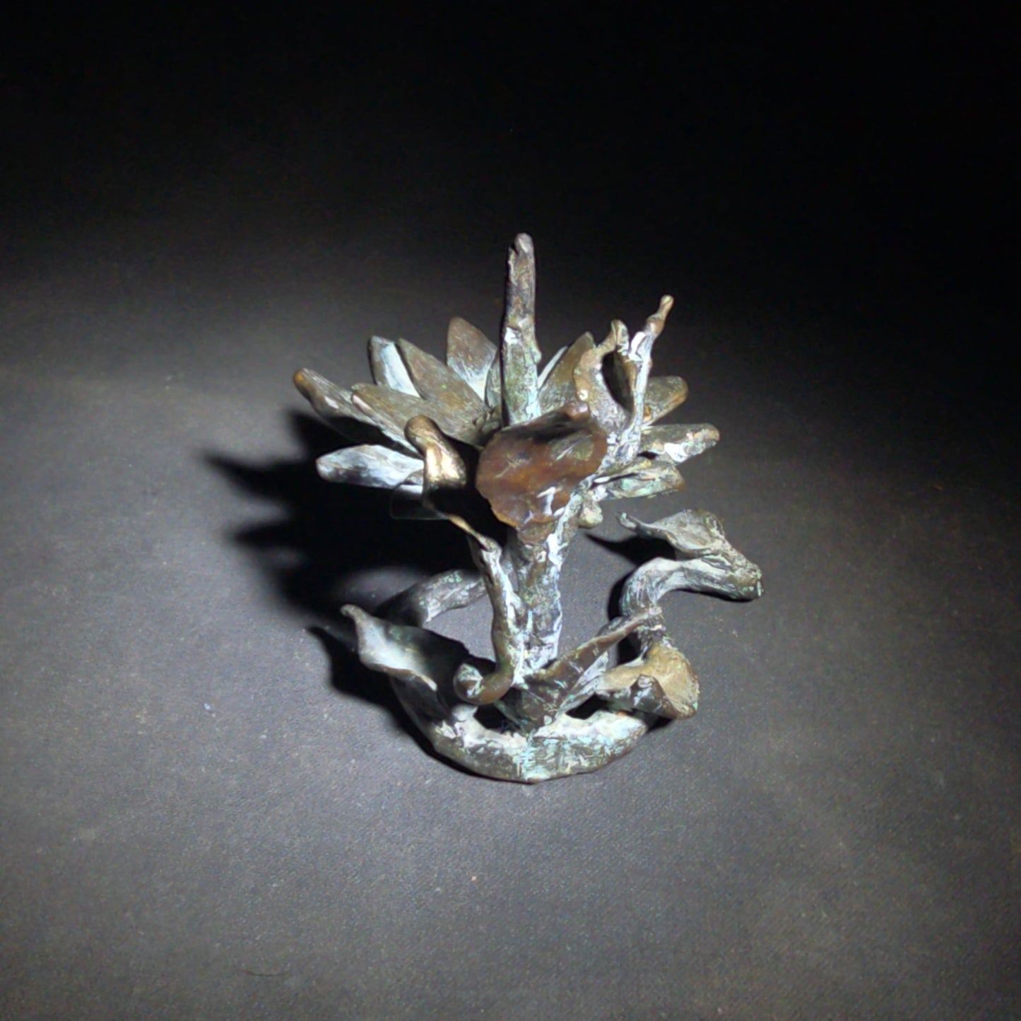 Vintage Bronze Floral Sculpture Stand with Open Bloom and Leafy Branch