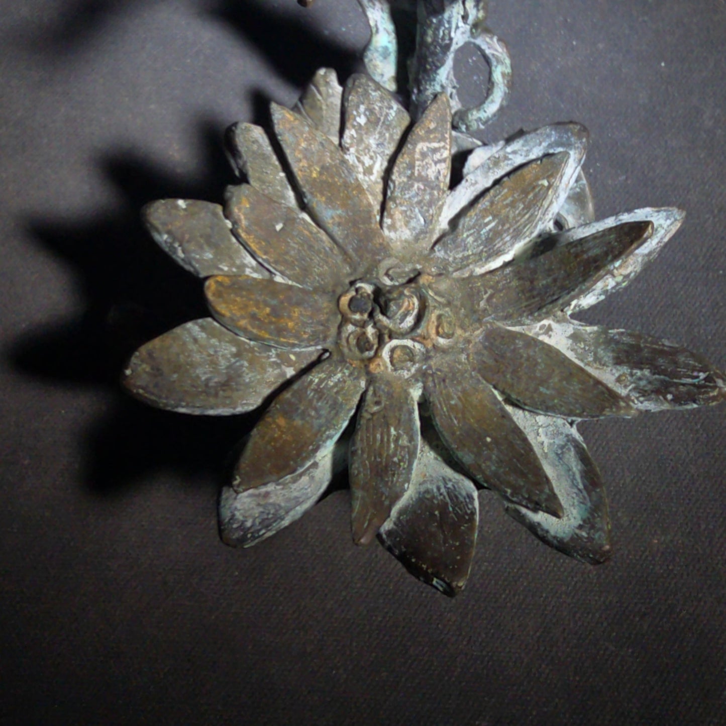 Vintage Bronze Floral Sculpture Stand with Open Bloom and Leafy Branch