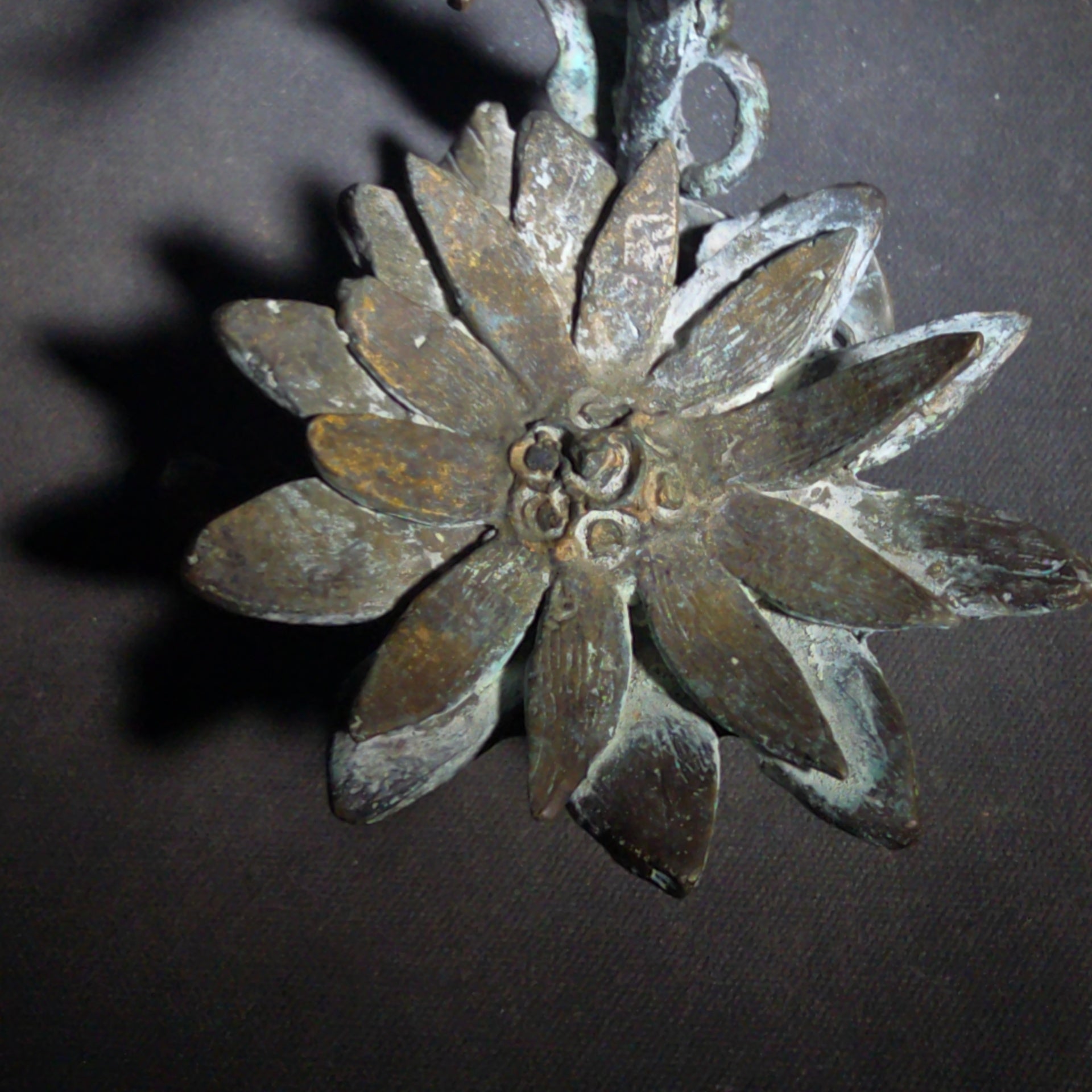 Vintage Bronze Floral Sculpture Stand with Open Bloom and Leafy Branch