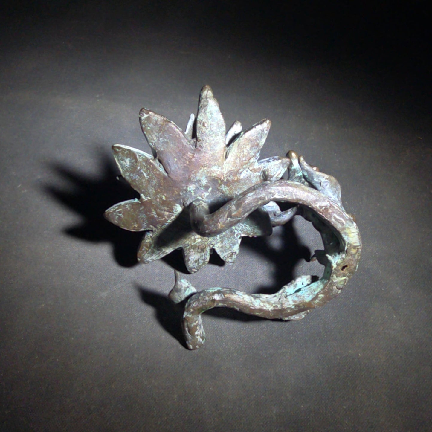 Vintage Bronze Floral Sculpture Stand with Open Bloom and Leafy Branch