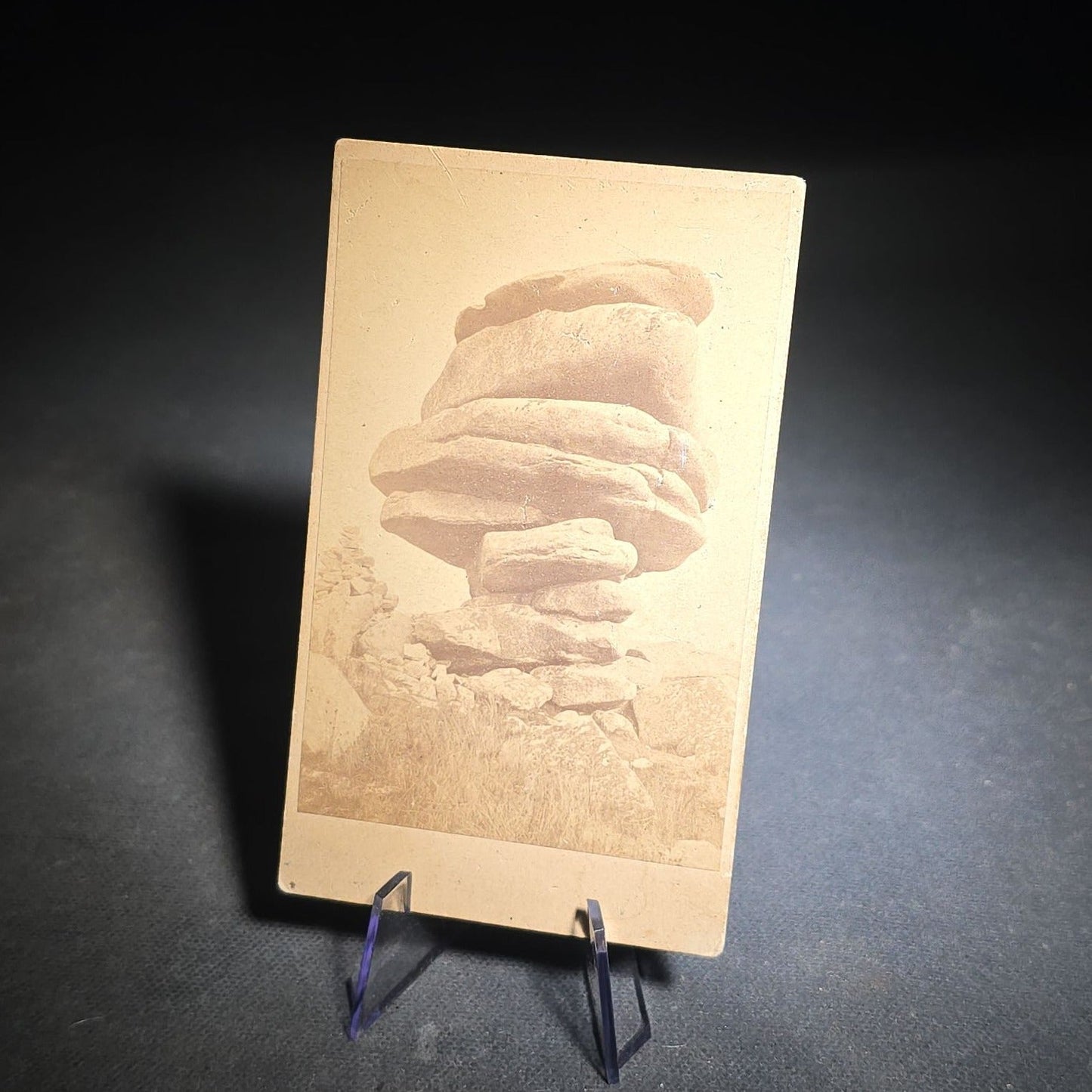 Grouping of 12 Antique and Vintage Photographs including Crescent Moon Snapshot, Rock Formation C.D.V., Child with Doll Cabinet Card by Schloeder, and Girl with Hoop Cabinet Card by Neale, Tremont, New York