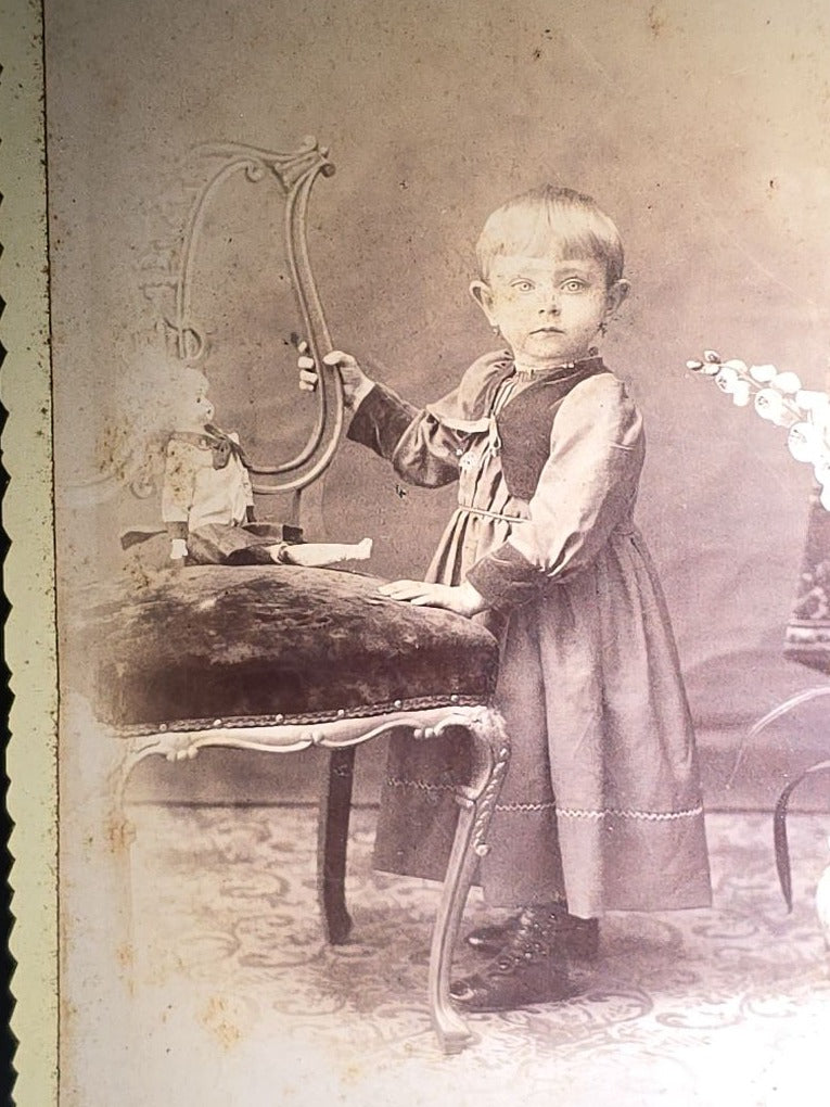 Grouping of 12 Antique and Vintage Photographs including Crescent Moon Snapshot, Rock Formation C.D.V., Child with Doll Cabinet Card by Schloeder, and Girl with Hoop Cabinet Card by Neale, Tremont, New York