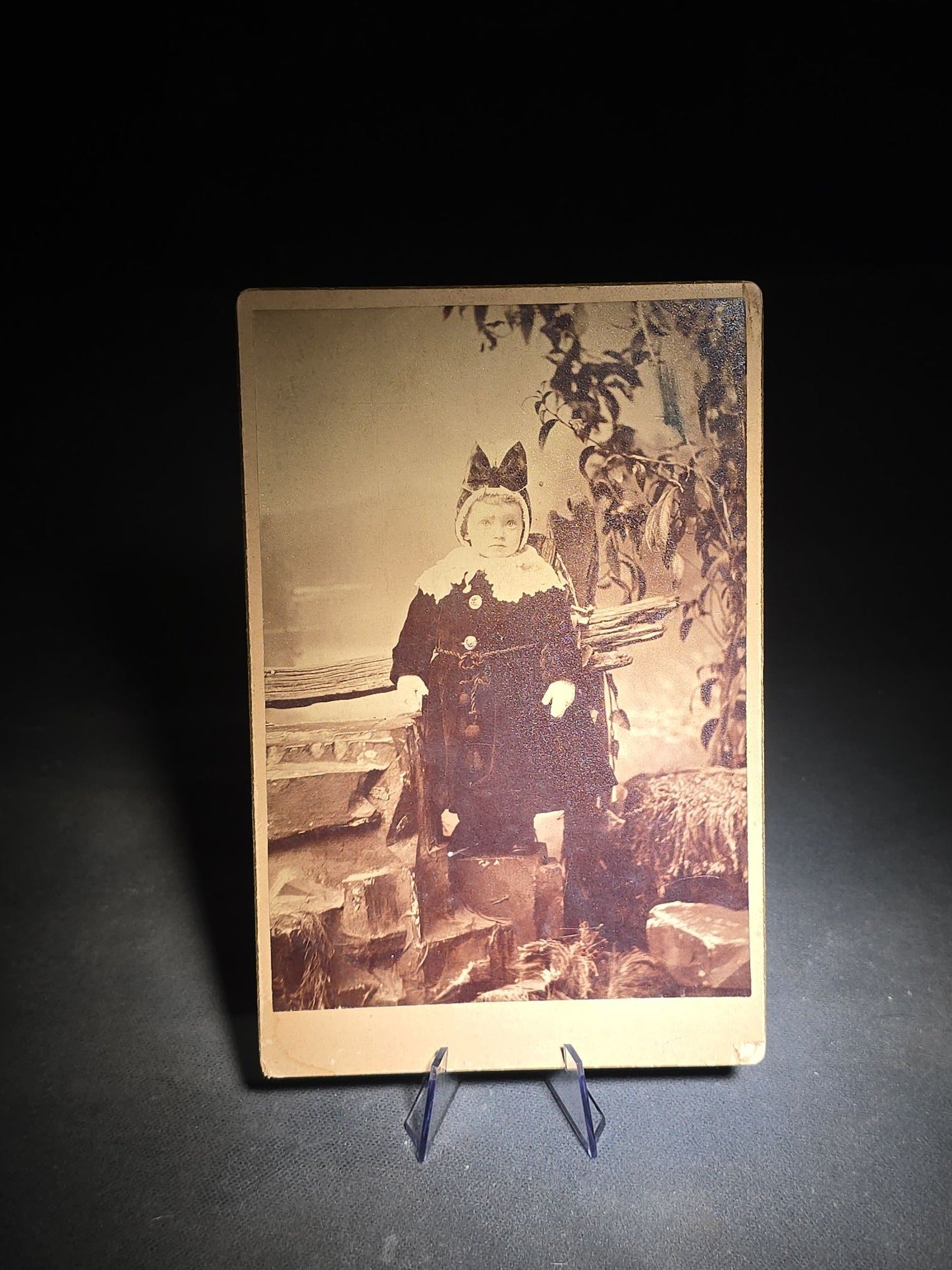 Grouping of 12 Antique and Vintage Photographs including Crescent Moon Snapshot, Rock Formation C.D.V., Child with Doll Cabinet Card by Schloeder, and Girl with Hoop Cabinet Card by Neale, Tremont, New York