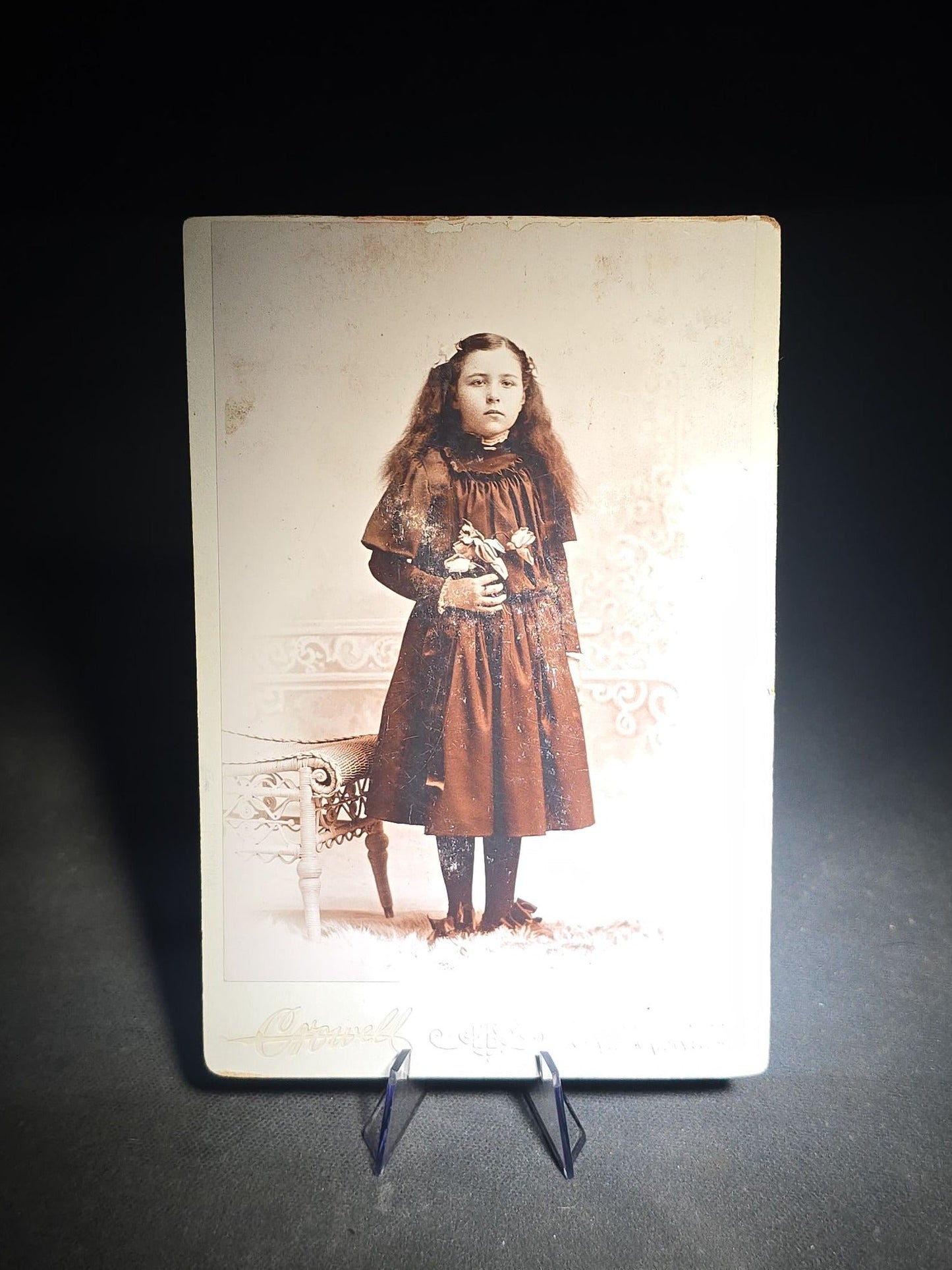 Grouping of 12 Antique and Vintage Photographs including Crescent Moon Snapshot, Rock Formation C.D.V., Child with Doll Cabinet Card by Schloeder, and Girl with Hoop Cabinet Card by Neale, Tremont, New York