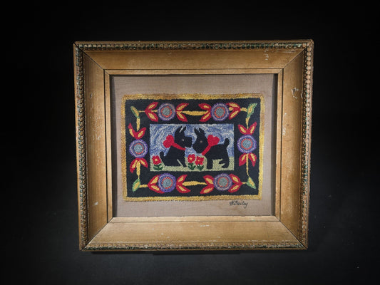 Vintage Framed Hooked Rug Mat with Two Black Scottish Terriers and Folk Art Floral Border, Signed Bailey