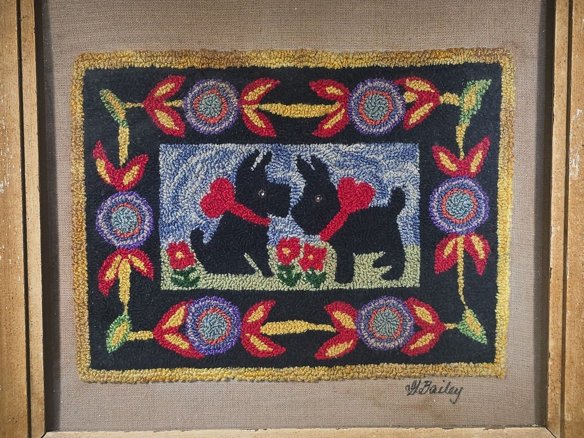 Vintage Framed Hooked Rug Mat with Two Black Scottish Terriers and Folk Art Floral Border, Signed Bailey