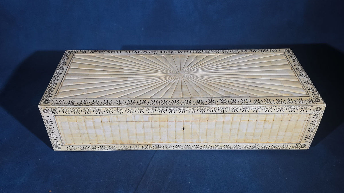 Antique Anglo-Indian Bone-Veneered Hinged Box with Sunburst Lid and Two Keys