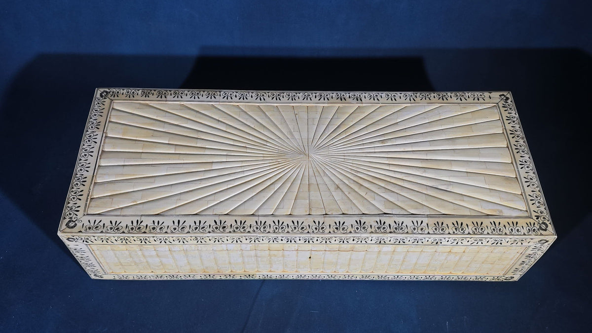 Antique Anglo-Indian Bone-Veneered Hinged Box with Sunburst Lid and Two Keys