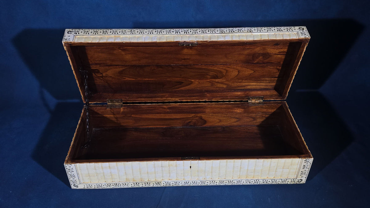 Antique Anglo-Indian Bone-Veneered Hinged Box with Sunburst Lid and Two Keys