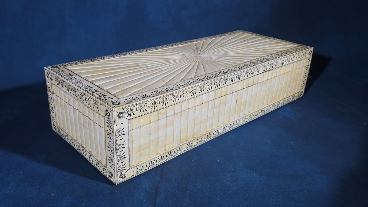 Antique Anglo-Indian Bone-Veneered Hinged Box with Sunburst Lid and Two Keys