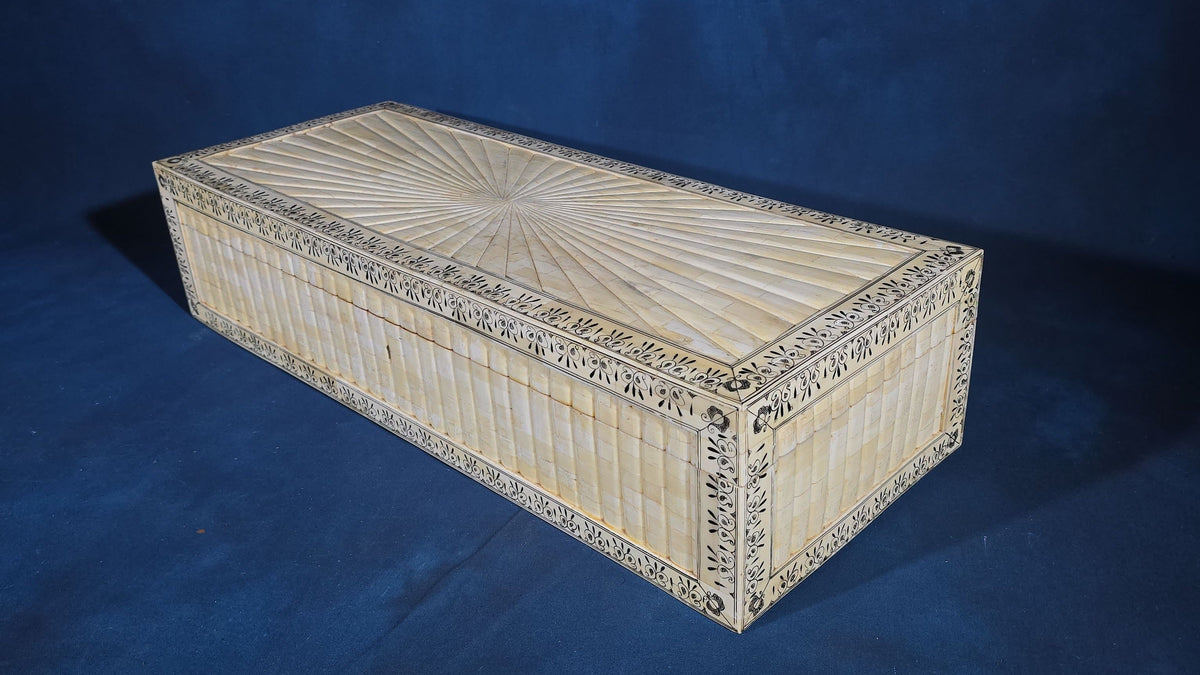 Antique Anglo-Indian Bone-Veneered Hinged Box with Sunburst Lid and Two Keys