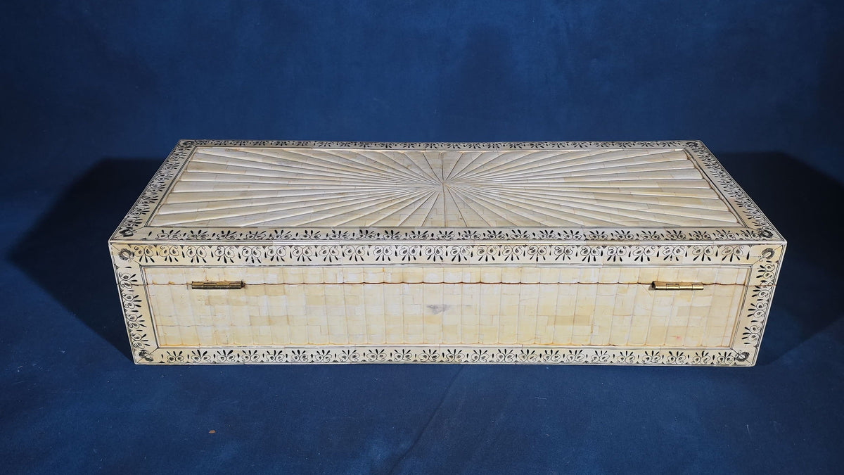 Antique Anglo-Indian Bone-Veneered Hinged Box with Sunburst Lid and Two Keys