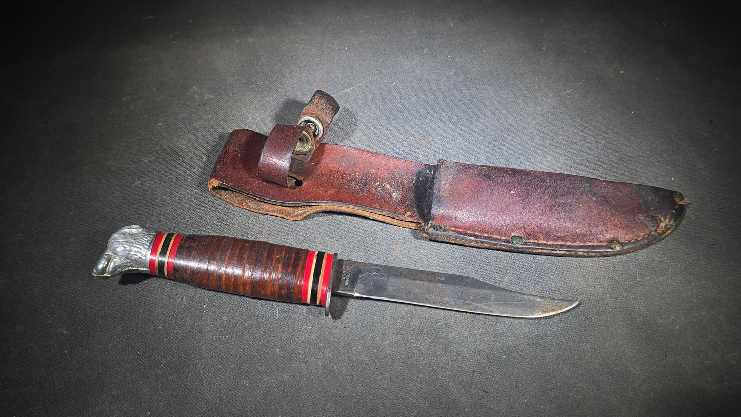 Vintage Craftsman U.S.A. Fixed Blade Hunting Knife with Dog Head Pommel, Stacked Leather Handle, and Leather Sheath
