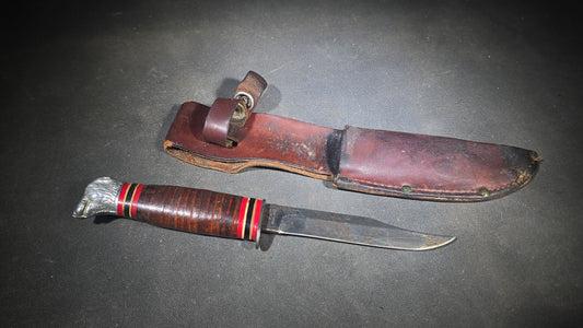 Vintage Craftsman U.S.A. Fixed Blade Hunting Knife with Dog Head Pommel, Stacked Leather Handle, and Leather Sheath