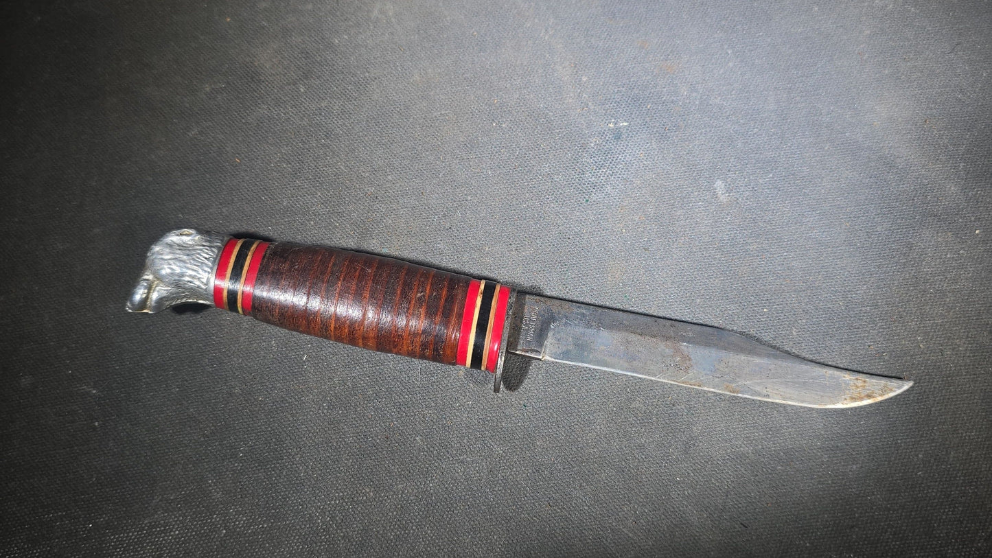 Vintage Craftsman U.S.A. Fixed Blade Hunting Knife with Dog Head Pommel, Stacked Leather Handle, and Leather Sheath