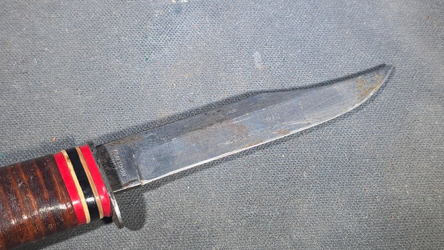 Vintage Craftsman U.S.A. Fixed Blade Hunting Knife with Dog Head Pommel, Stacked Leather Handle, and Leather Sheath
