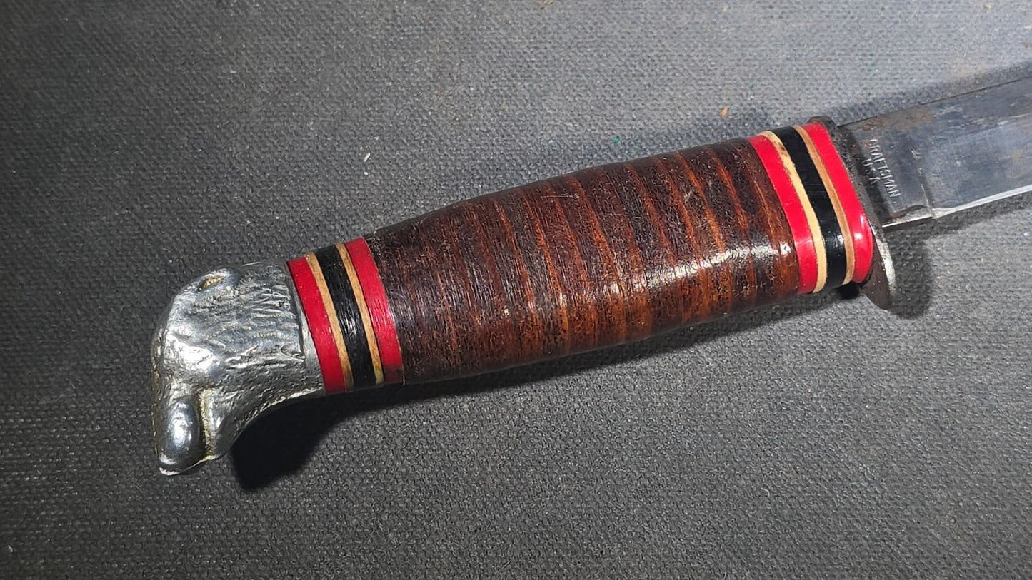 Vintage Craftsman U.S.A. Fixed Blade Hunting Knife with Dog Head Pommel, Stacked Leather Handle, and Leather Sheath