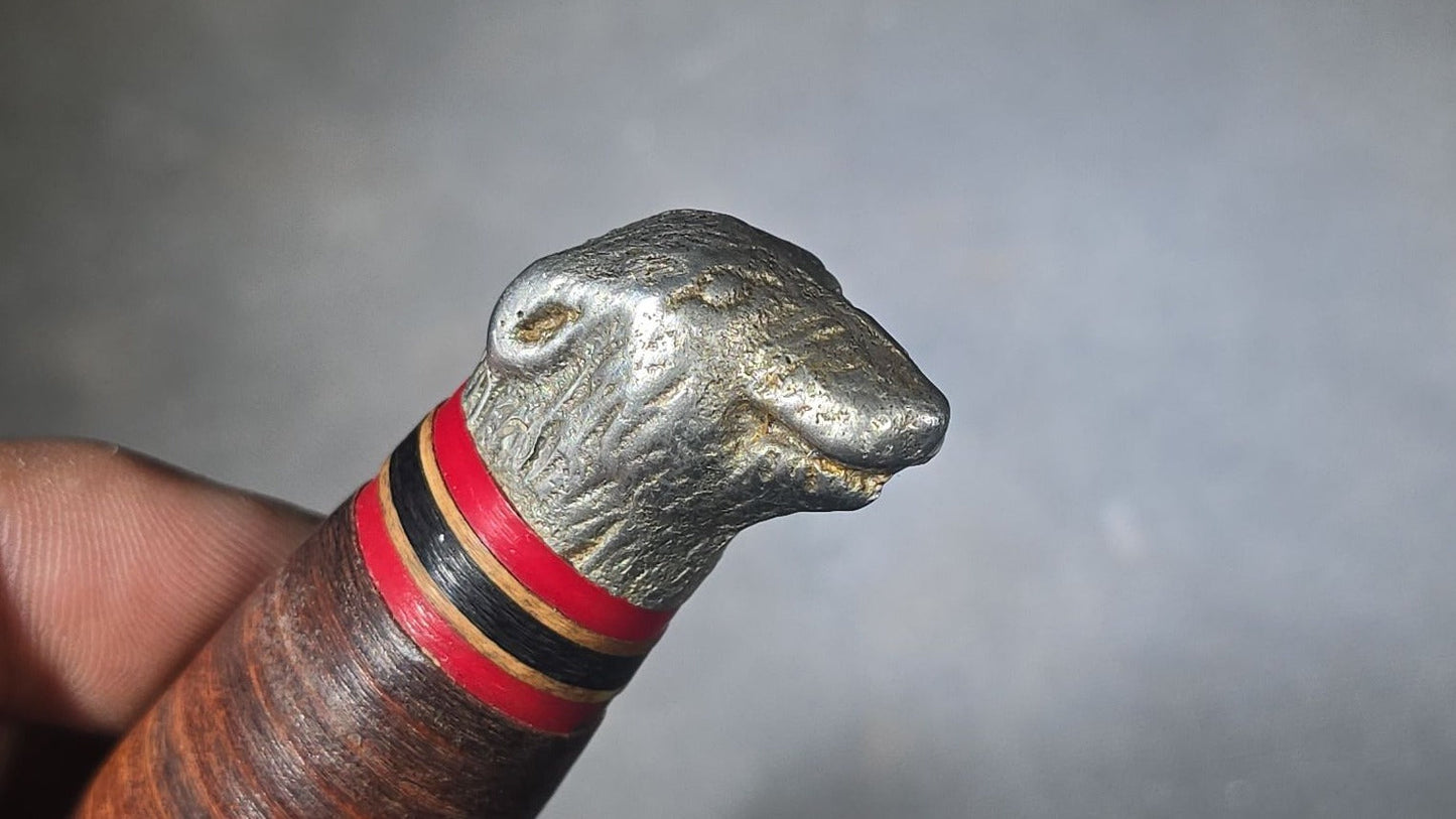 Vintage Craftsman U.S.A. Fixed Blade Hunting Knife with Dog Head Pommel, Stacked Leather Handle, and Leather Sheath