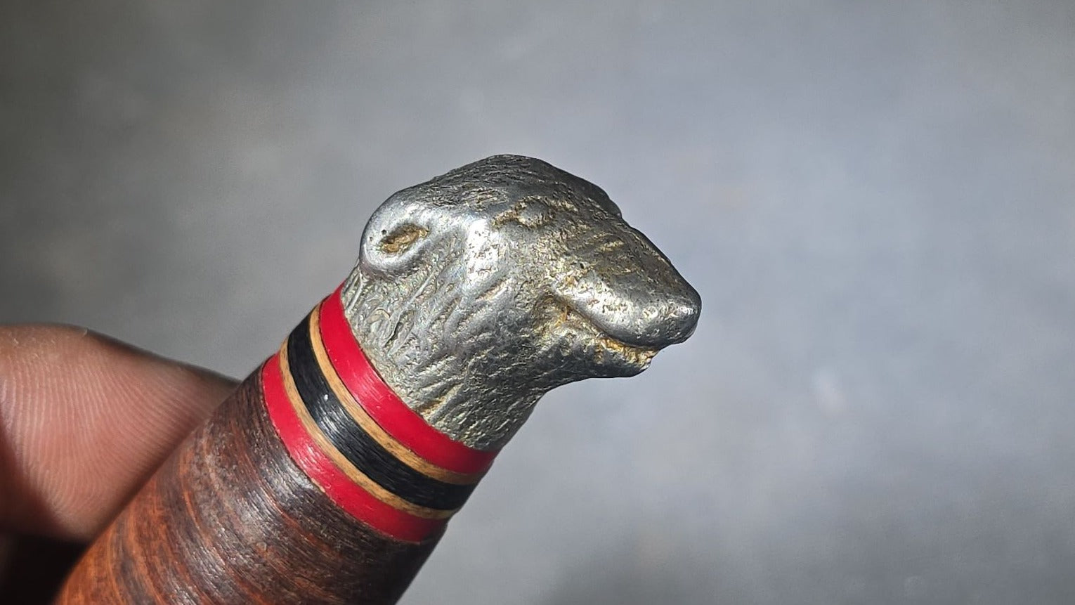 Vintage Craftsman U.S.A. Fixed Blade Hunting Knife with Dog Head Pommel, Stacked Leather Handle, and Leather Sheath