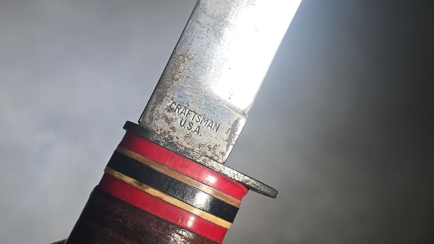Vintage Craftsman U.S.A. Fixed Blade Hunting Knife with Dog Head Pommel, Stacked Leather Handle, and Leather Sheath