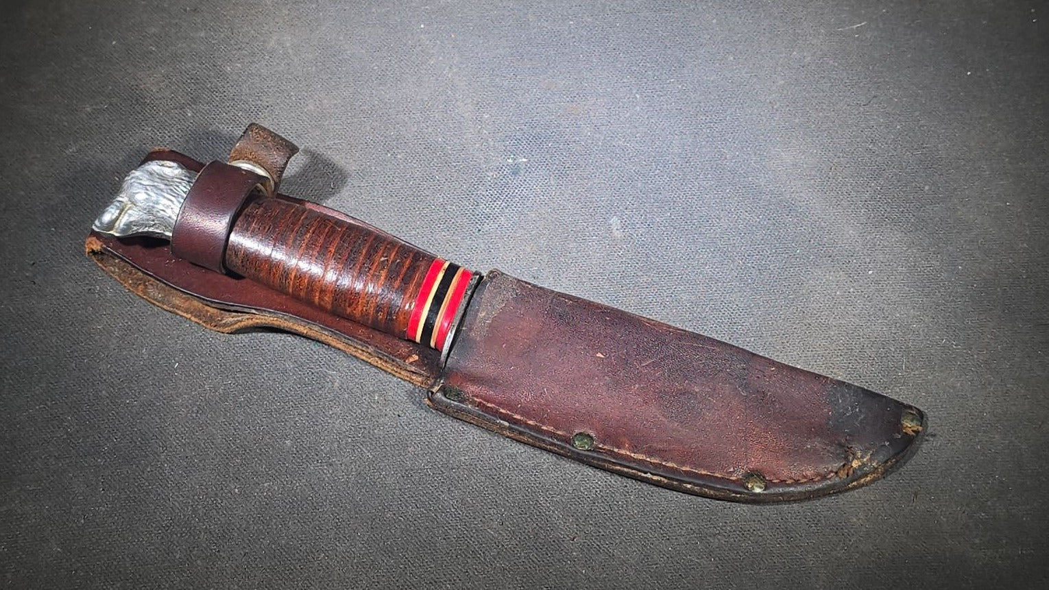 Vintage Craftsman U.S.A. Fixed Blade Hunting Knife with Dog Head Pommel, Stacked Leather Handle, and Leather Sheath