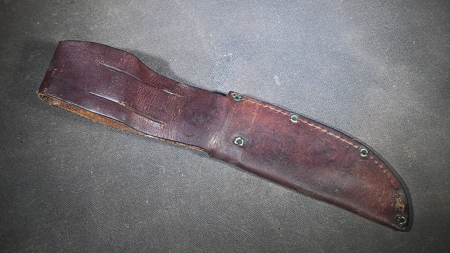Vintage Craftsman U.S.A. Fixed Blade Hunting Knife with Dog Head Pommel, Stacked Leather Handle, and Leather Sheath