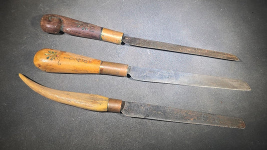 Trio of Vintage Handmade Folk Art Knives with Blades Marked C.D. Dickinson & Son including Two with Carved Wooden Handles Dated 1948 and 1949, and Example Forged by A.C. House, North Hadley, Massachusetts