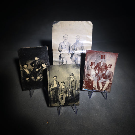 Grouping of Four Antique Tintype Photographs Including Two Seated Men with Pencil Inscription and Three Men in Top Hats