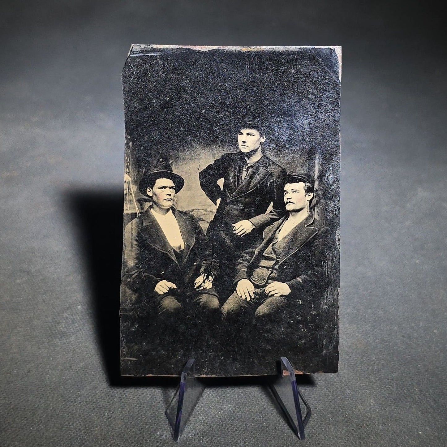 Grouping of Four Antique Tintype Photographs Including Two Seated Men with Pencil Inscription and Three Men in Top Hats