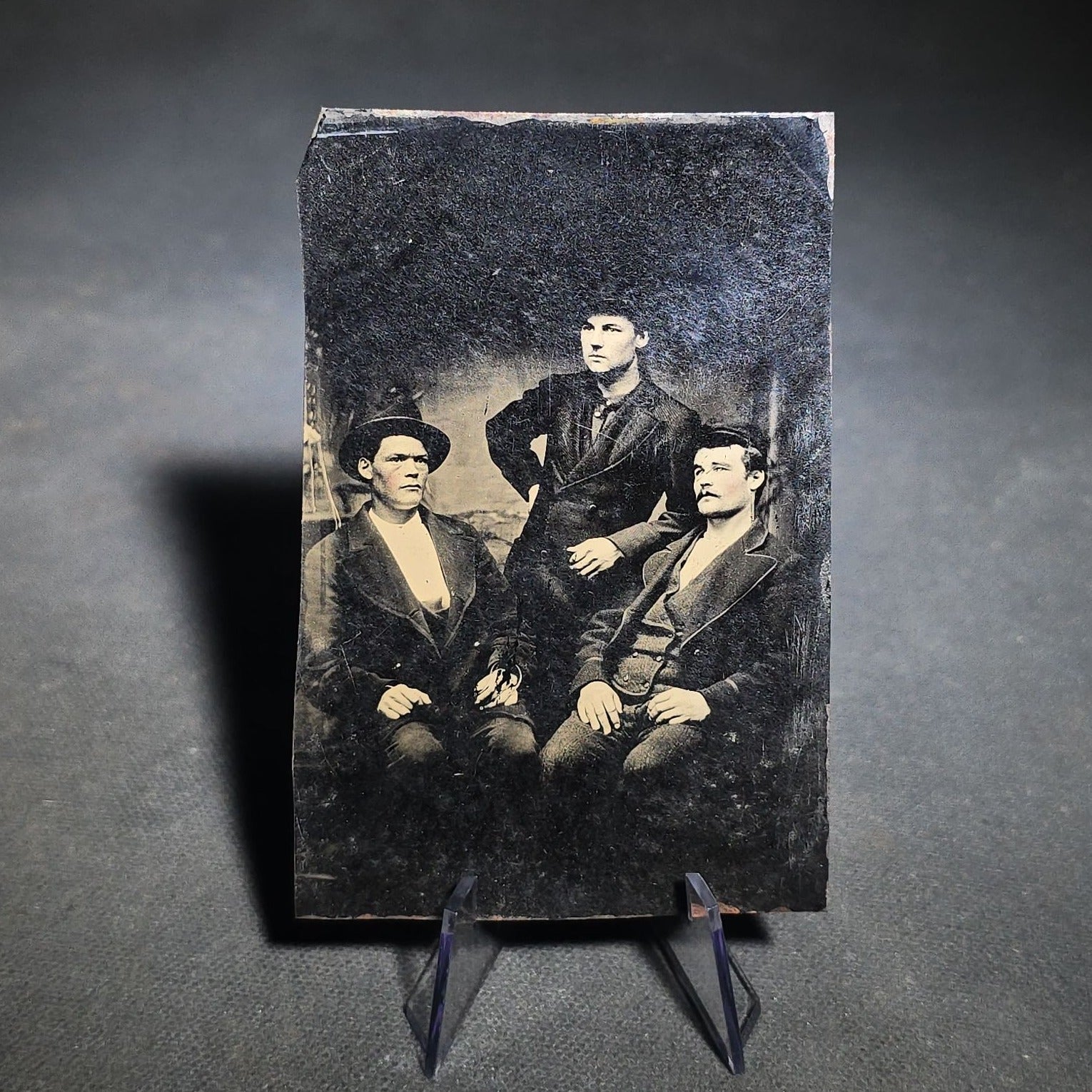 Grouping of Four Antique Tintype Photographs Including Two Seated Men with Pencil Inscription and Three Men in Top Hats