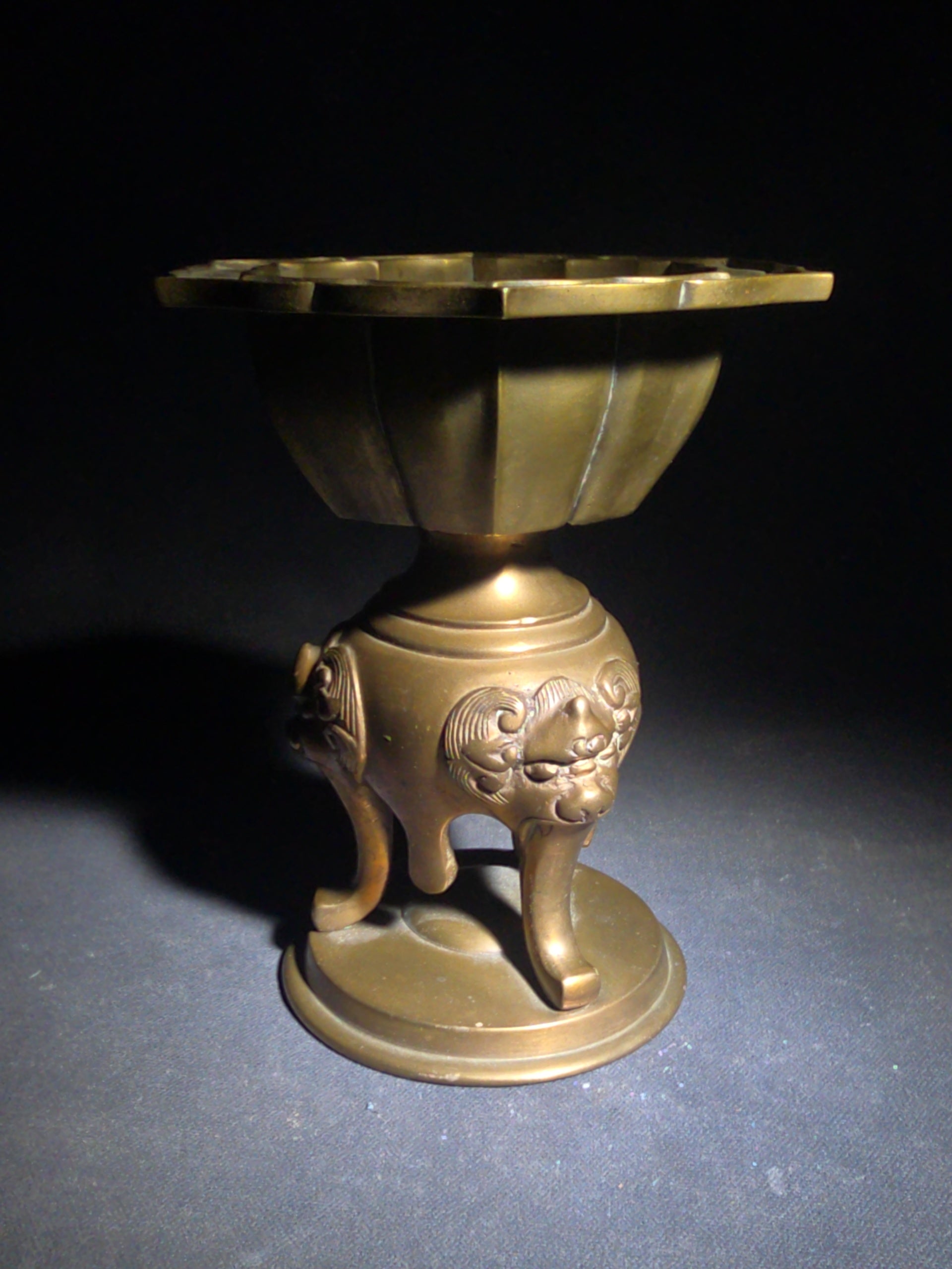 Vintage Asian Brass Lotus-Form Vessel with Shishi Mask Legs on Circular Base