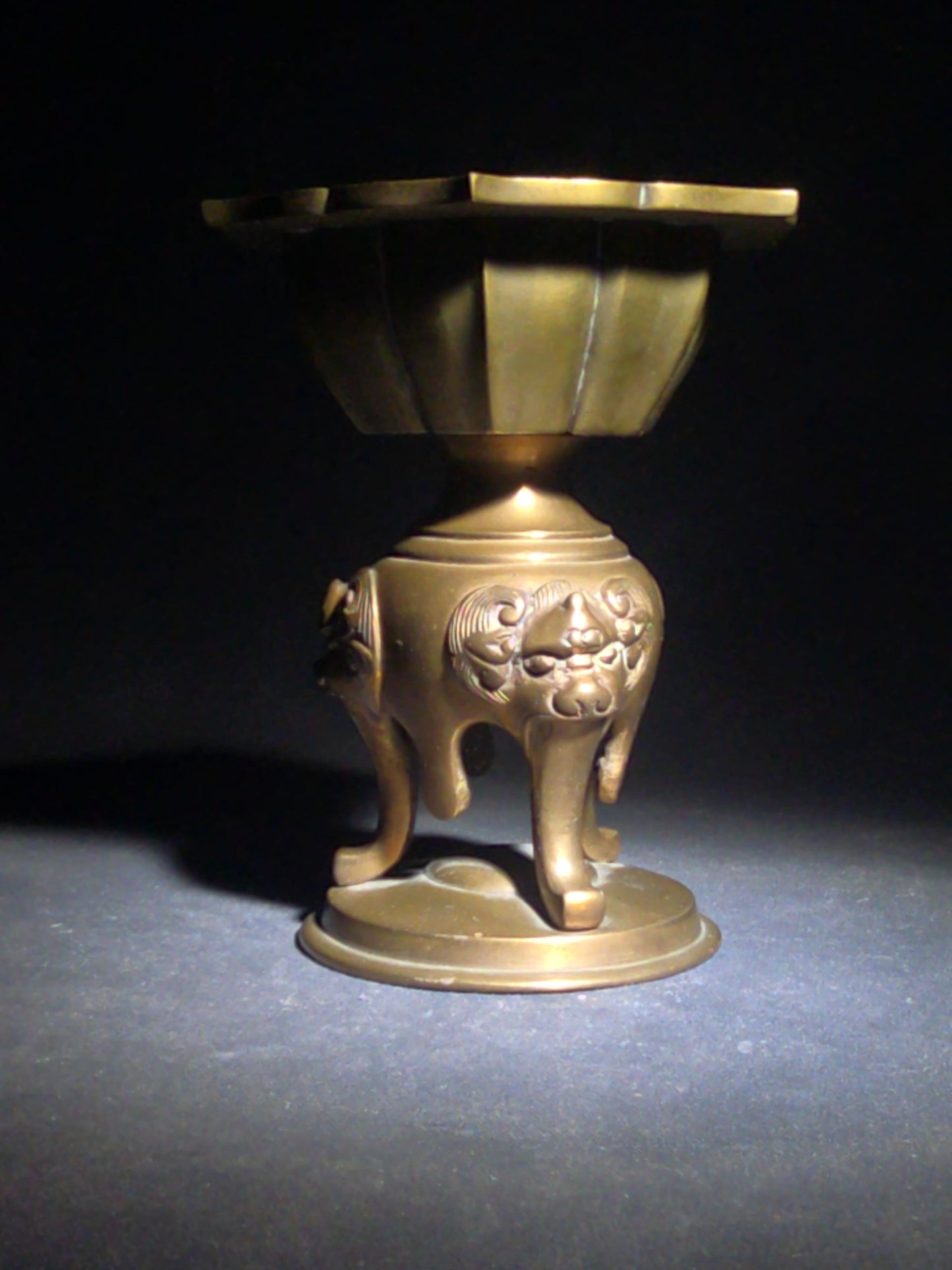 Vintage Asian Brass Lotus-Form Vessel with Shishi Mask Legs on Circular Base