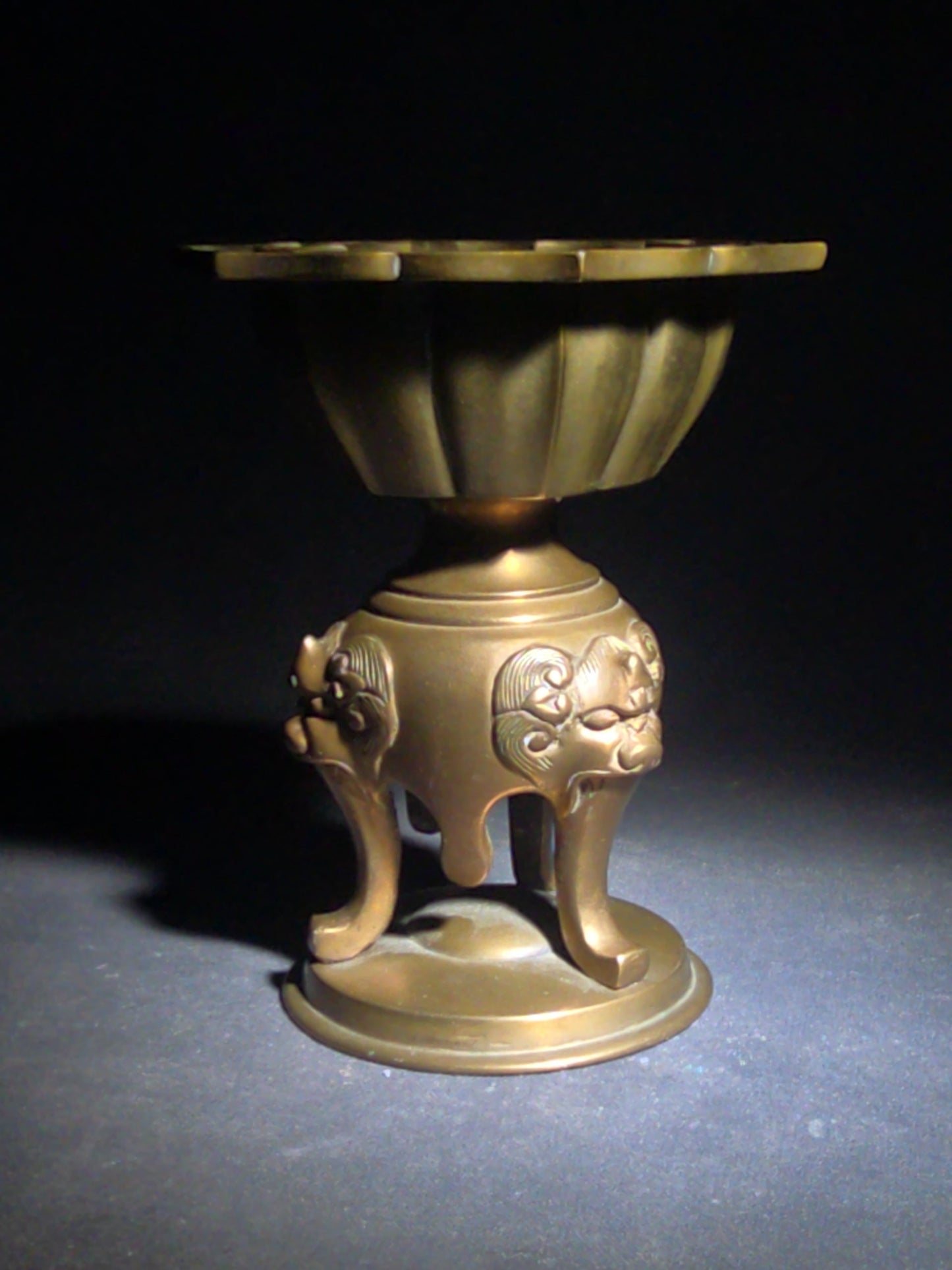 Vintage Asian Brass Lotus-Form Vessel with Shishi Mask Legs on Circular Base