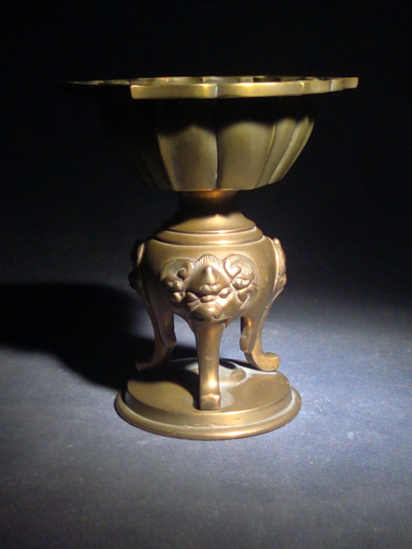 Vintage Asian Brass Lotus-Form Vessel with Shishi Mask Legs on Circular Base