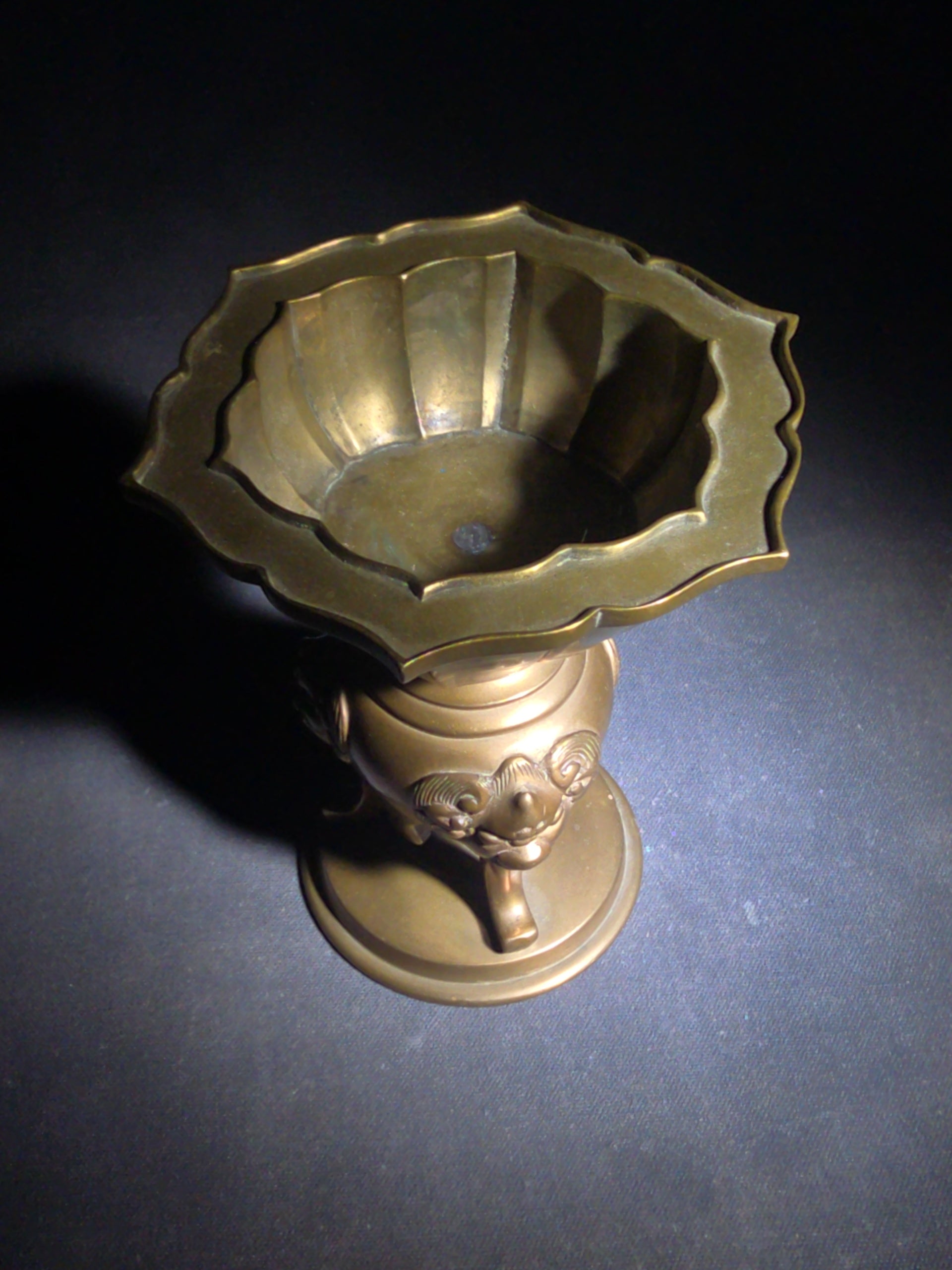 Vintage Asian Brass Lotus-Form Vessel with Shishi Mask Legs on Circular Base