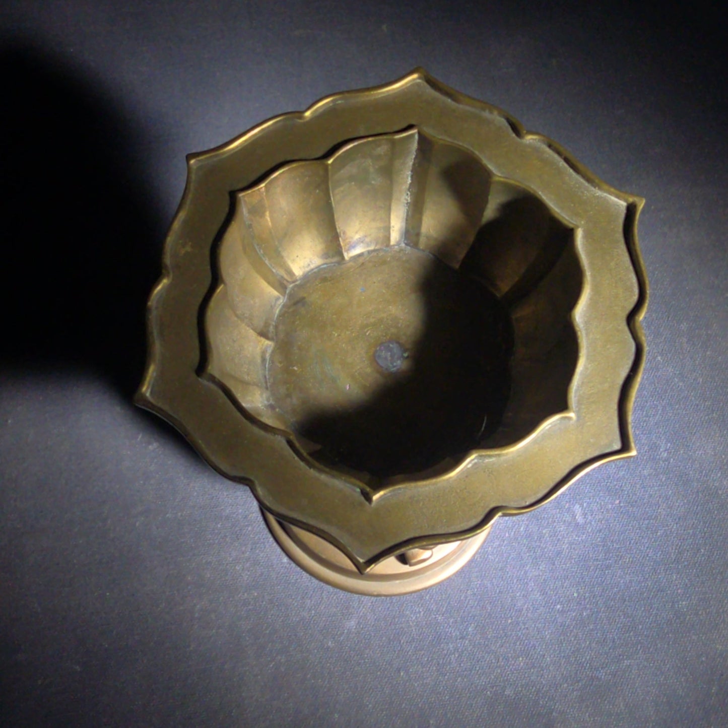 Vintage Asian Brass Lotus-Form Vessel with Shishi Mask Legs on Circular Base