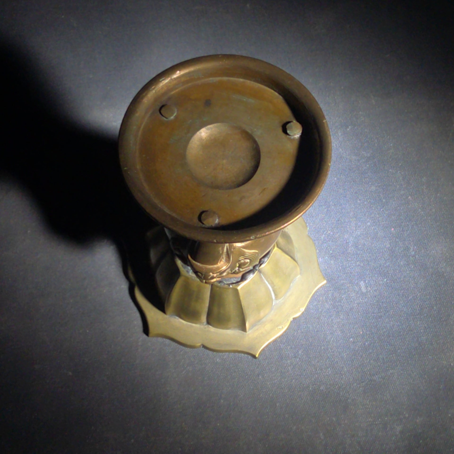 Vintage Asian Brass Lotus-Form Vessel with Shishi Mask Legs on Circular Base