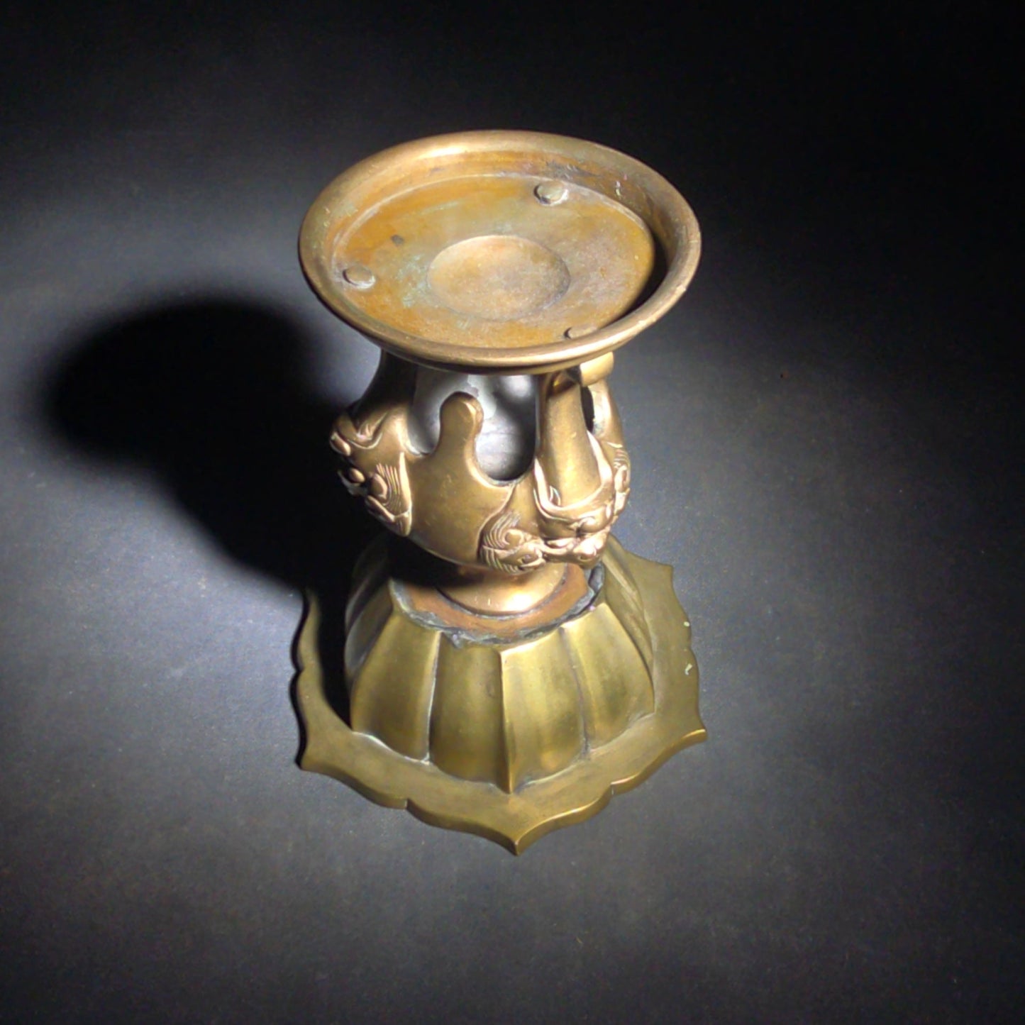 Vintage Asian Brass Lotus-Form Vessel with Shishi Mask Legs on Circular Base