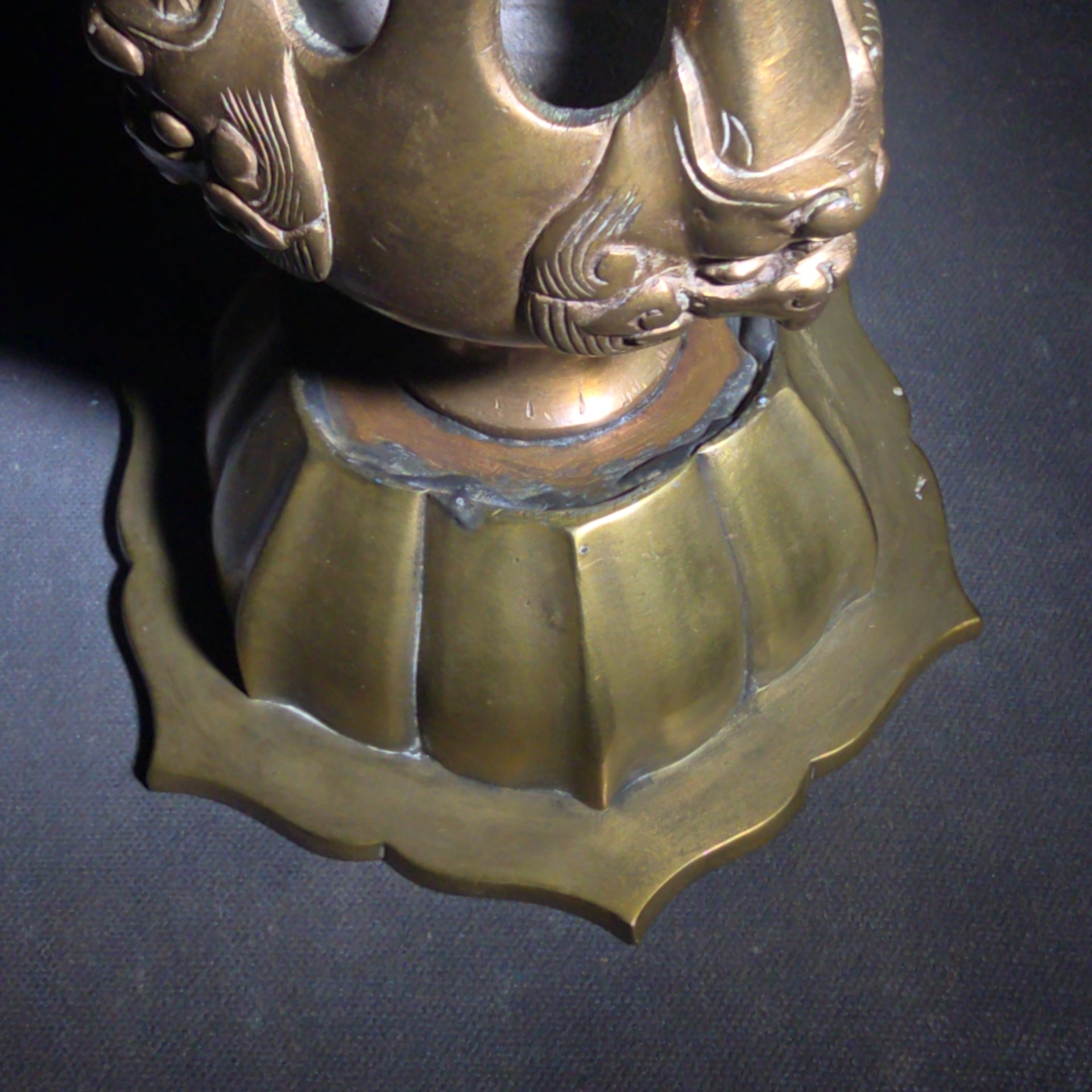 Vintage Asian Brass Lotus-Form Vessel with Shishi Mask Legs on Circular Base