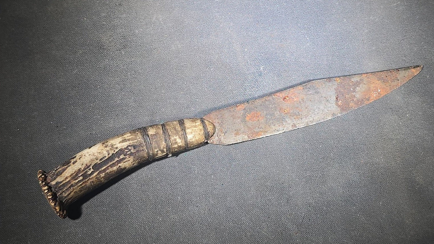 Grouping of Four Vintage Fixed-Blade Knives including Marble's Stacked Leather Handle Knife, Stag Handle Knife, and Bone Handle Dagger