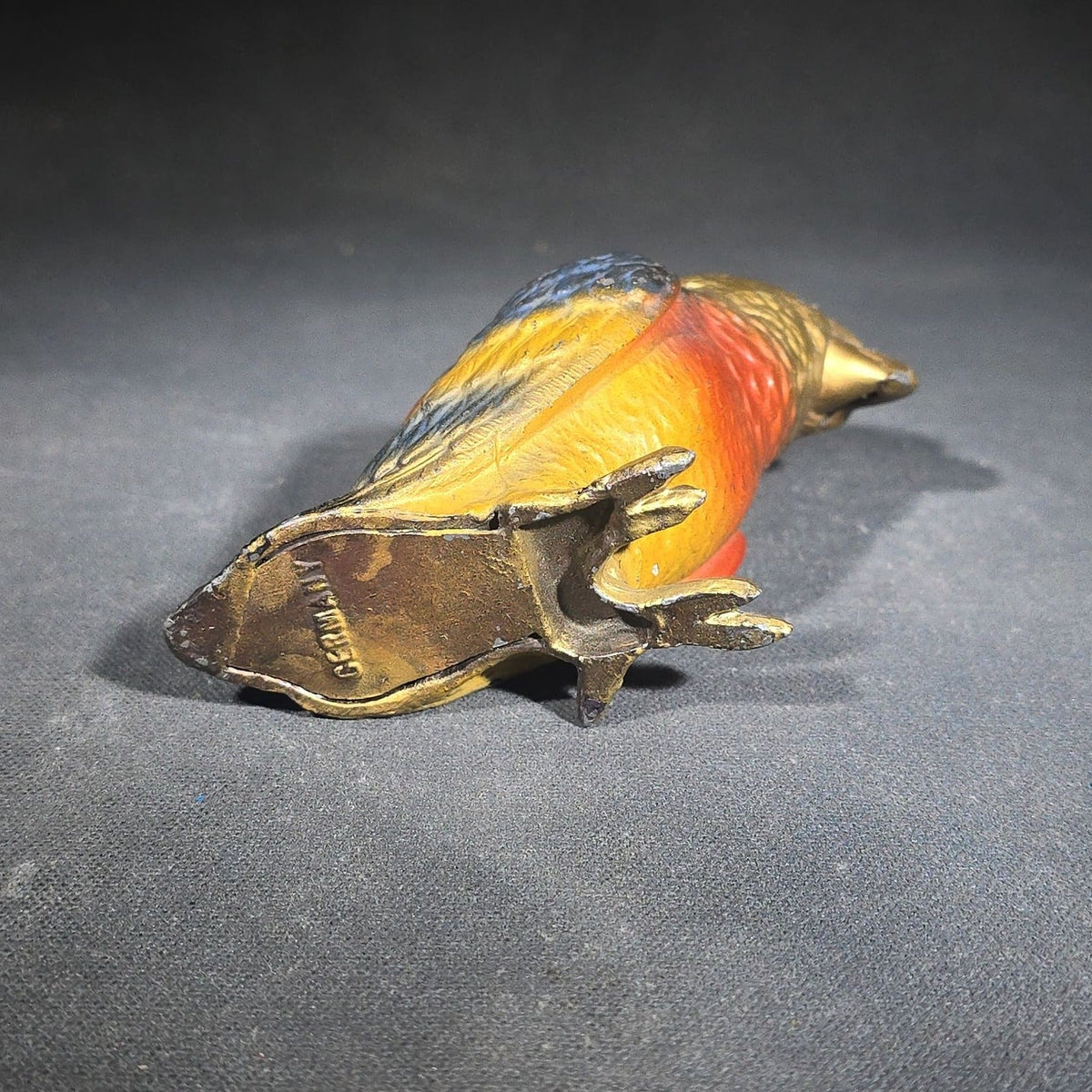 Antique Cold-Painted Cast Metal Parrot Figurine, Marked Germany