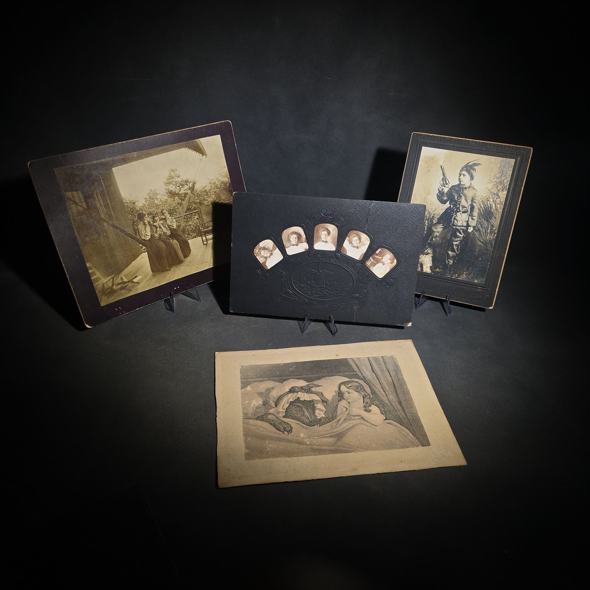 Grouping of Four Antique Photographs and Print including Embossed Photo Display with Five Portraits, Women Playing Combs with Manuscript Poem Verso, Boy in Native American Costume, and Little Red Riding Hood Engraving