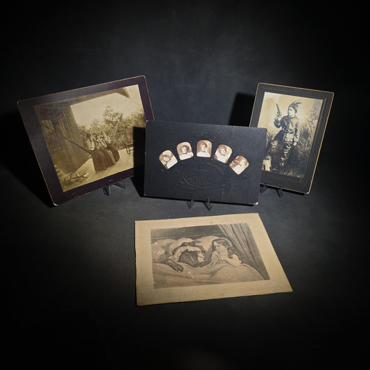 Grouping of Four Antique Photographs and Print including Embossed Photo Display with Five Portraits, Women Playing Combs with Manuscript Poem Verso, Boy in Native American Costume, and Little Red Riding Hood Engraving