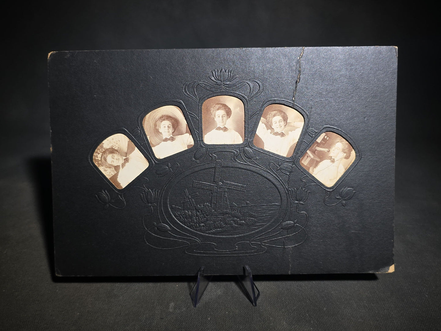 Grouping of Four Antique Photographs and Print including Embossed Photo Display with Five Portraits, Women Playing Combs with Manuscript Poem Verso, Boy in Native American Costume, and Little Red Riding Hood Engraving