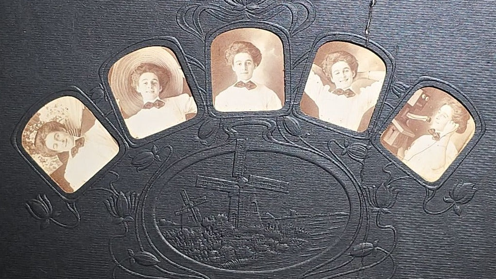Grouping of Four Antique Photographs and Print including Embossed Photo Display with Five Portraits, Women Playing Combs with Manuscript Poem Verso, Boy in Native American Costume, and Little Red Riding Hood Engraving
