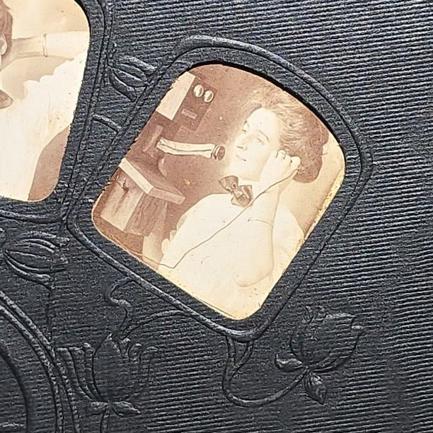 Grouping of Four Antique Photographs and Print including Embossed Photo Display with Five Portraits, Women Playing Combs with Manuscript Poem Verso, Boy in Native American Costume, and Little Red Riding Hood Engraving
