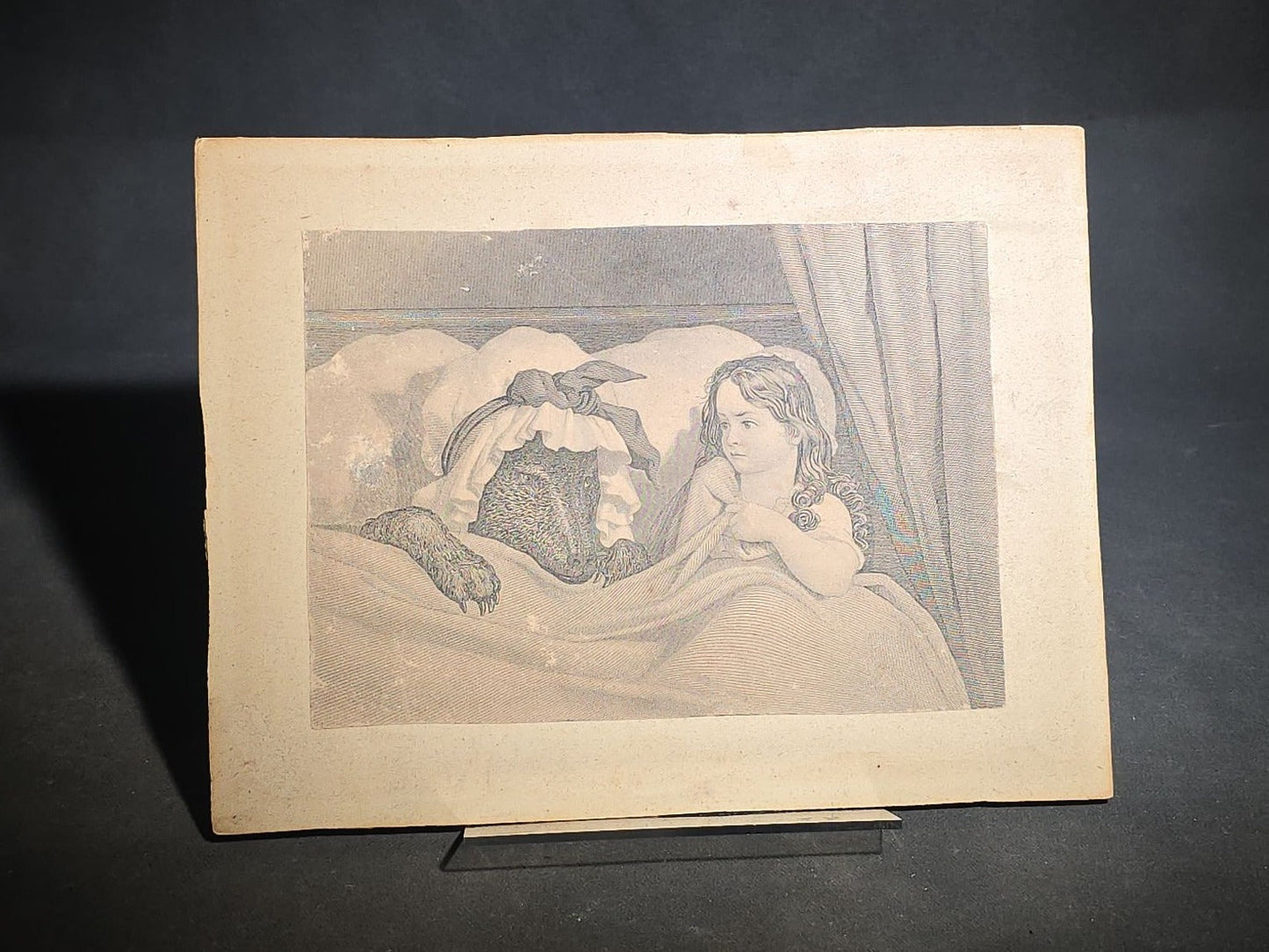 Grouping of Four Antique Photographs and Print including Embossed Photo Display with Five Portraits, Women Playing Combs with Manuscript Poem Verso, Boy in Native American Costume, and Little Red Riding Hood Engraving