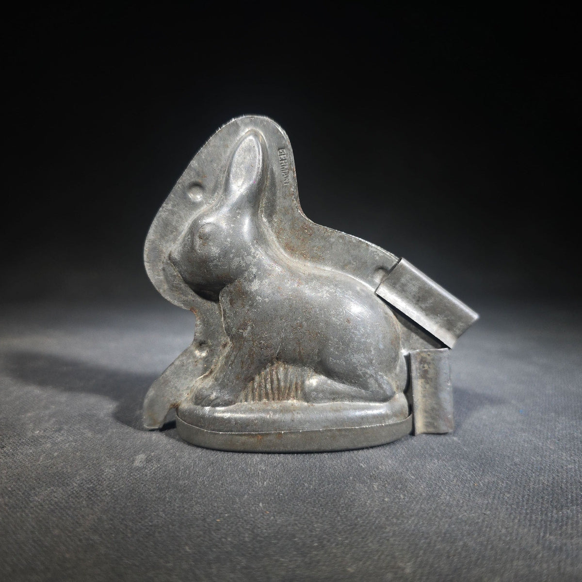 Antique German Two-Piece Figural Rabbit Chocolate Mold with Clips, Stamped "Germany"