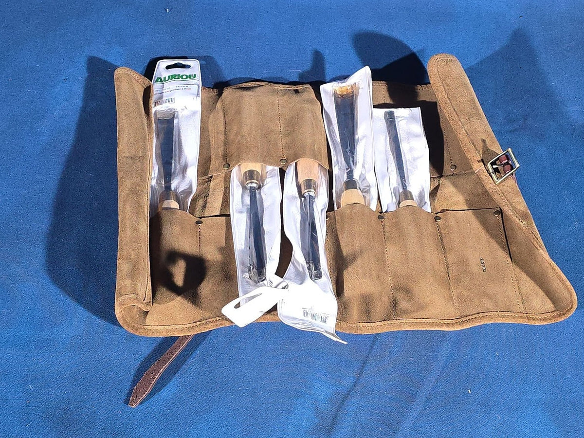Grouping of Five Modern Auriou Wood Carving Tools in Suede Tool Roll